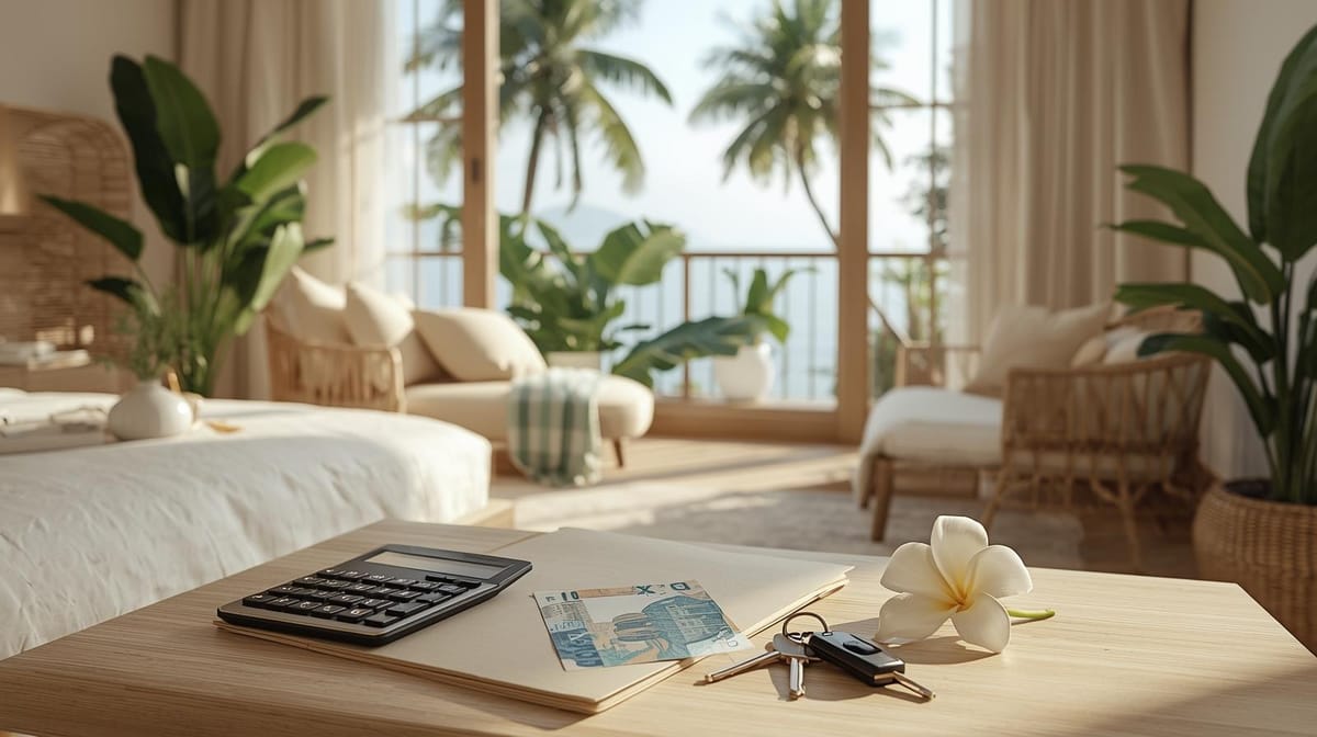 Vue d'une chambre polynésienne avec un calculatrice et des documents en premier plan, laissant penser à un moment de calcul de l'impostion