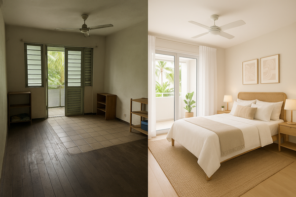 Image d'une chambre avant et après un home staging qui aurait pu être demandé par une conciergerie Airbnb