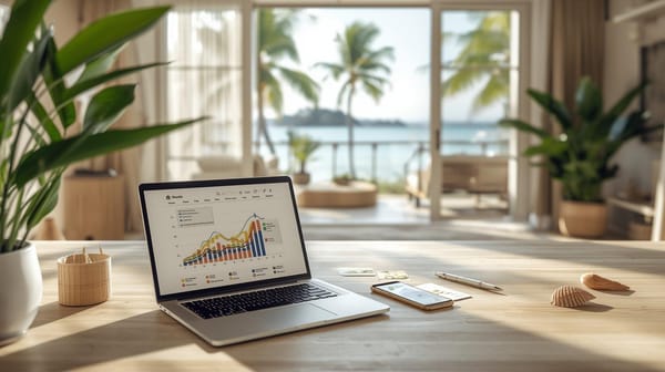 Image illustrant un ordinateur sur la table d'un appartement en Polynésie, représentant le calcul de la tarification pour un Airbnb à Tahiti